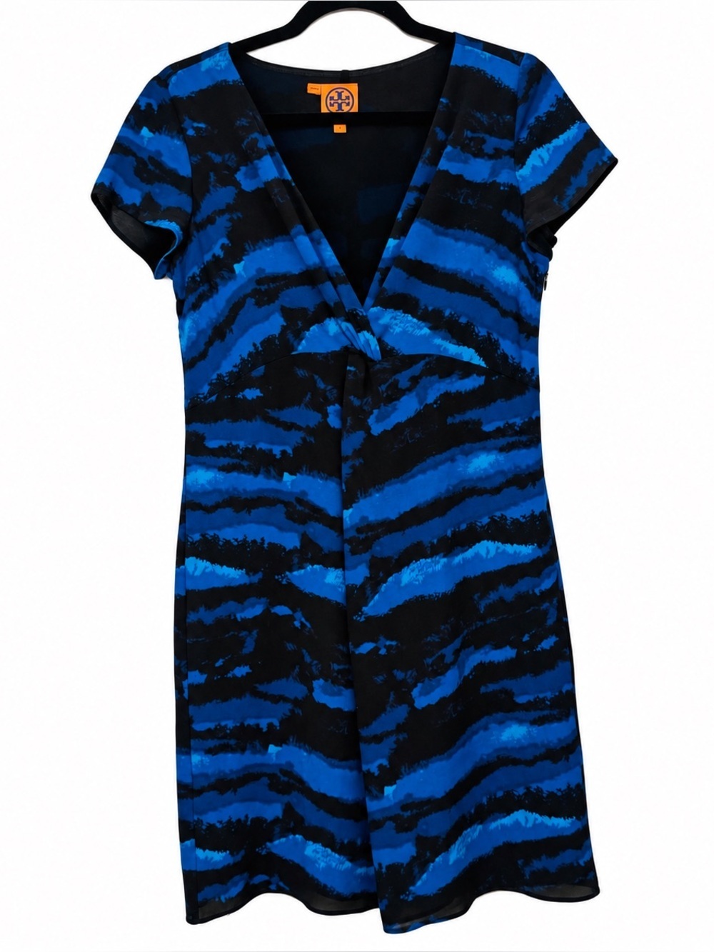 Tory Burch| 100% Silk Blue Black Abstract Print V Neck Cocktail Dress Size 6 - Picture 1 of 8